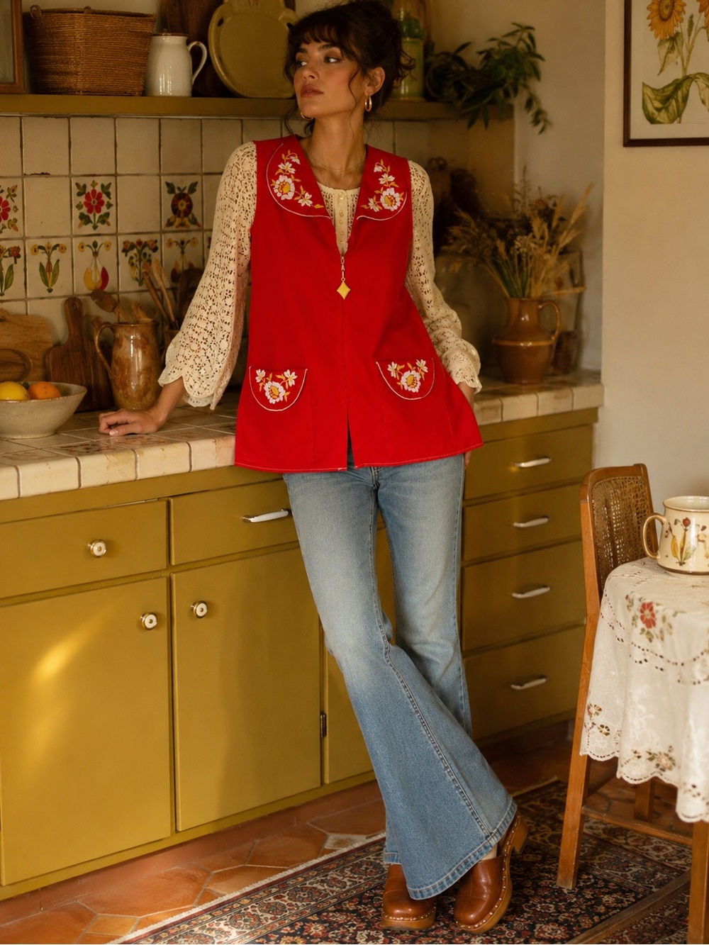 Vintage 70s Embroidered House Vest |Mod Hostess Smock Chore Coat M